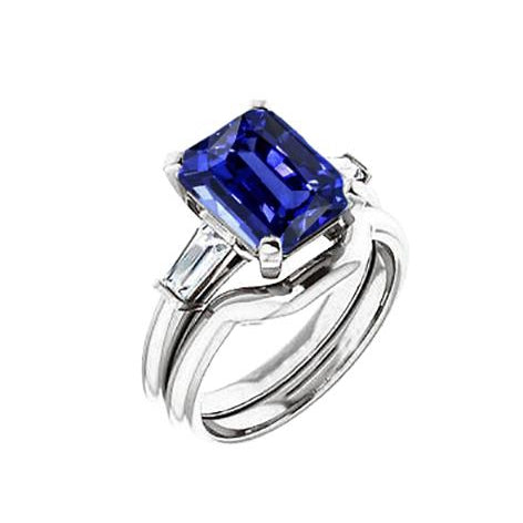 Princess Cut  Elegant Woman's 3 Stone Emerald Blue Sapphire & Baguette Diamond Ring Set  