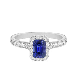 Women's Natural Earth Mined Diamond Halo Ring 2 Carats Srilankan Sapphire Gold Filigree