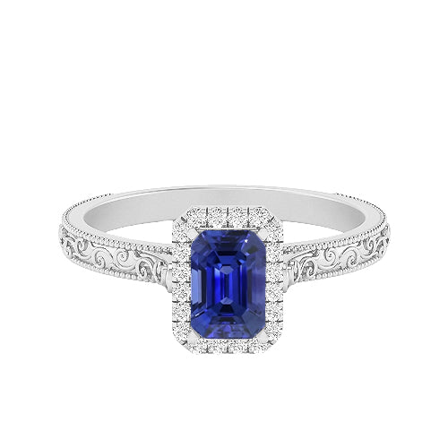 Women's Diamond Halo Ring   Srilankan Sapphire Gold Filigree  