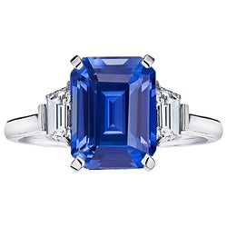 Trapezoid Natural Earth Mined Diamond 3 Stone Ring 3.50 Carats Emerald Srilankan Sapphire