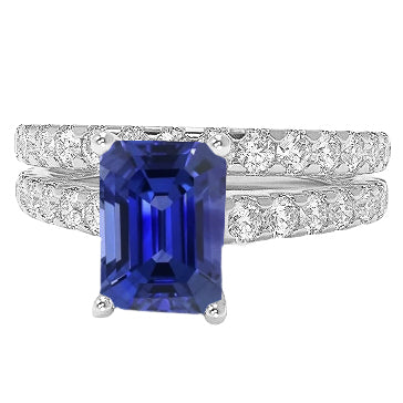 Best LAdies   Diamond Engagement Ring Set Emerald Cut Blue Sapphire