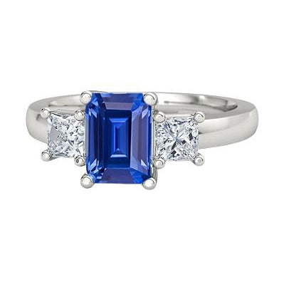 Emerald 3 Stone Ring Ceylon Sapphire & Princess Diamonds 