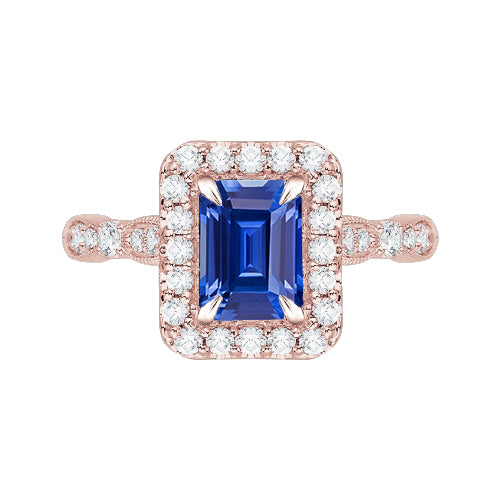Blue Sapphire Engagement Ring   Women Diamond Engagement  Emerald Cut Rose Gold Milgrain
