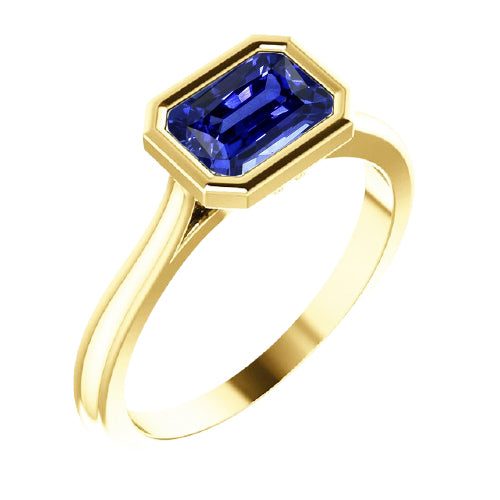 Solitaire Ring Emerald Blue Sapphire Bezel Set   Women Diamond Engagement  Gold  
