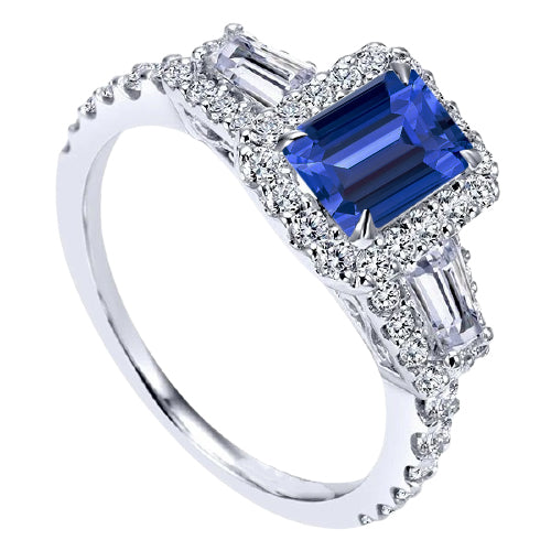  Women Diamond Engagement Halo Emerald Wedding Ring Blue Sapphire Baguette Diamonds