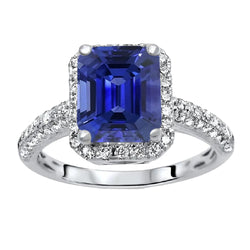 Halo Sapphire Engagement Ring Double Row Pave Set Diamonds 4 Carats