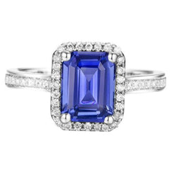 Halo Natural Earth Mined Diamond Blue Sapphire Wedding Ring Emerald Cut 3.50 Carats Gold