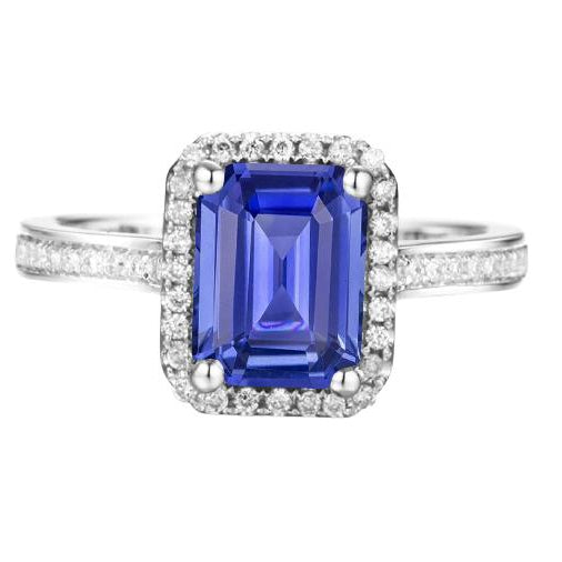 Gorgeous fancy     Halo Diamond Blue Sapphire Wedding Ring Emerald Cut