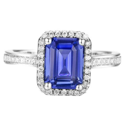  Gorgeous fancy     Halo Diamond Blue Sapphire Wedding Ring Emerald Cut