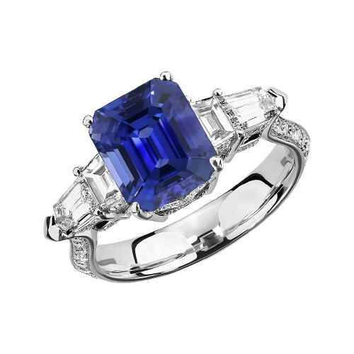 Gorgeous fancy     Emerald Diamond Ring Vintage Style Sapphire Baguette Sides