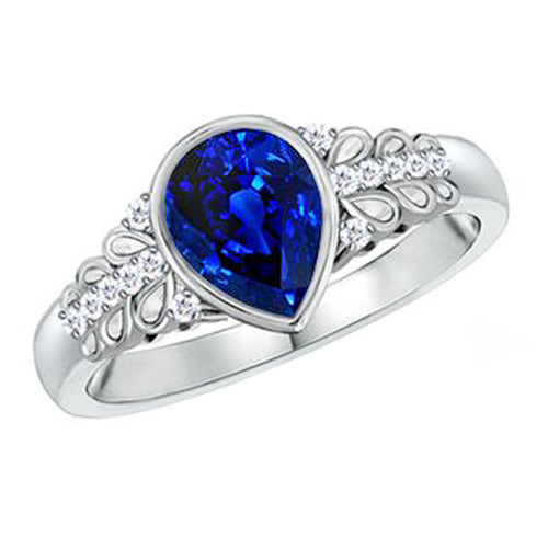 New Amazing Style Diamond Ring New Bezel Set Pear Blue Sapphire With Accents