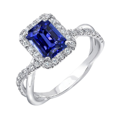 Halo Wedding Ring Emerald Blue Sapphire Gold Twisted Shank   Gorgeous fancy     