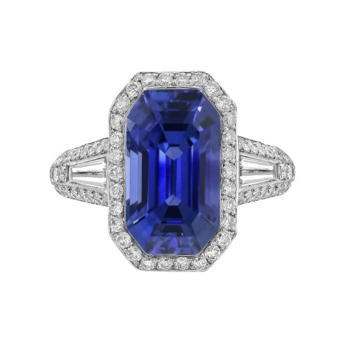 Halo Emerald Sapphire Ring With Round & Baguette Natural Earth Mined Diamonds 4 Carats