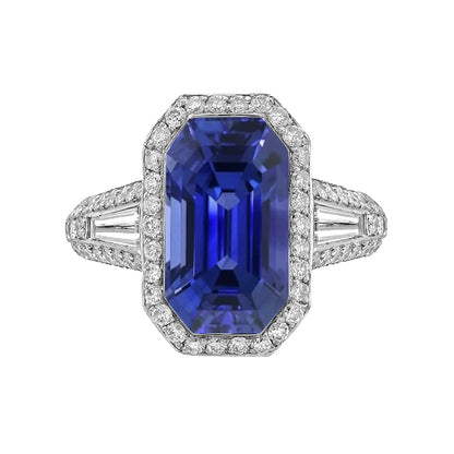 Halo Emerald Sapphire Ring With Round & Baguette Natural Earth Mined Diamonds 4 Carats
