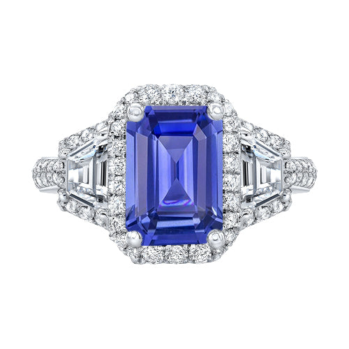Halo Emerald Blue Sapphire Ring Best Amazing Stylish womans  Trapezoid & Round Diamonds