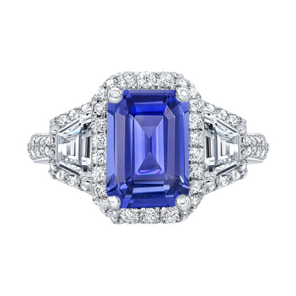 Halo Emerald Blue Sapphire Ring Best Amazing Stylish womans  Trapezoid & Round Diamonds