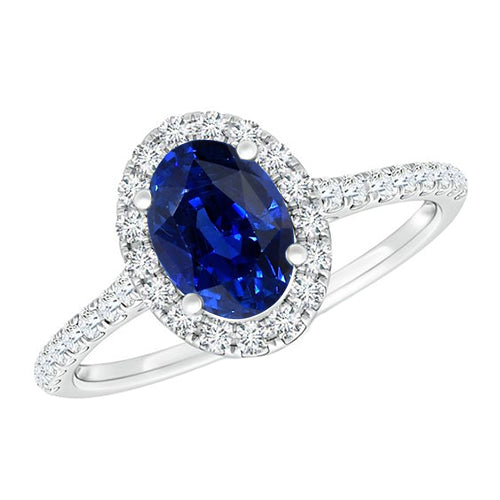 LAdies Stylish Oval Diamond Halo Ring Blue Sapphire With Accents