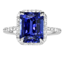 Halo Emerald Ceylon Sapphire Ring Prong Set Natural Earth Mined Diamonds 4.50 Carats