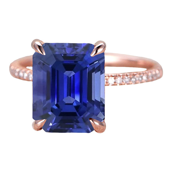 Lady’s  Round Anniversary Diamond Solitaire Ring Accents Emerald Cut Ceylon Sapphire 