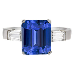 Baguette Natural Earth Mined Diamond Three Stone Emerald Ceylon Sapphire Ring 3.50 Carats