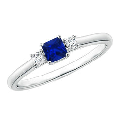 Round Natural Earth Mined Diamond & Princess Blue Sapphire Anniversary Ring 1.25 Carats