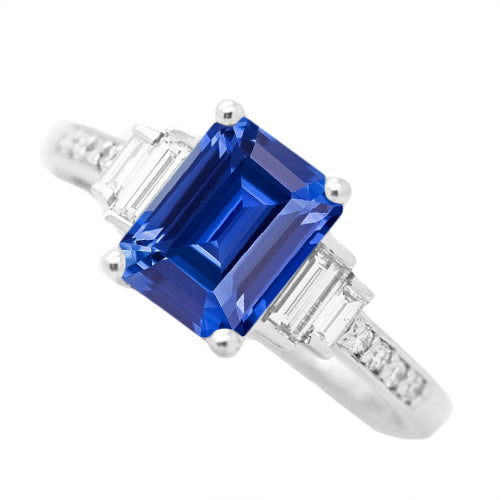 Baguette & Round    Fancy Lady’s Vintage Style Diamond Ring Emerald Blue Sapphire