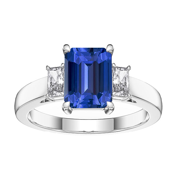 White Gold 3 Stone Emerald Sapphire Ring   Fancy Lady’s Vintage Style Radiant Diamonds