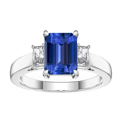 White Gold 3 Stone Emerald Sapphire Ring   Fancy Lady’s Vintage Style Radiant Diamonds