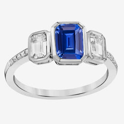 Emerald Natural Earth Mined Diamond Bezel Set Blue Sapphire Ring 3 Stone Style 2.50 Carats