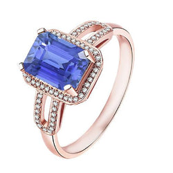 Halo Natural Earth Mined Diamond Blue Sapphire Emerald Ring 3.50 Carats Rose Gold 14K