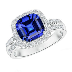 Women Natural Earth Mined Diamond Ring Cushion Halo Blue Sapphire With Accents 4.50 Carats