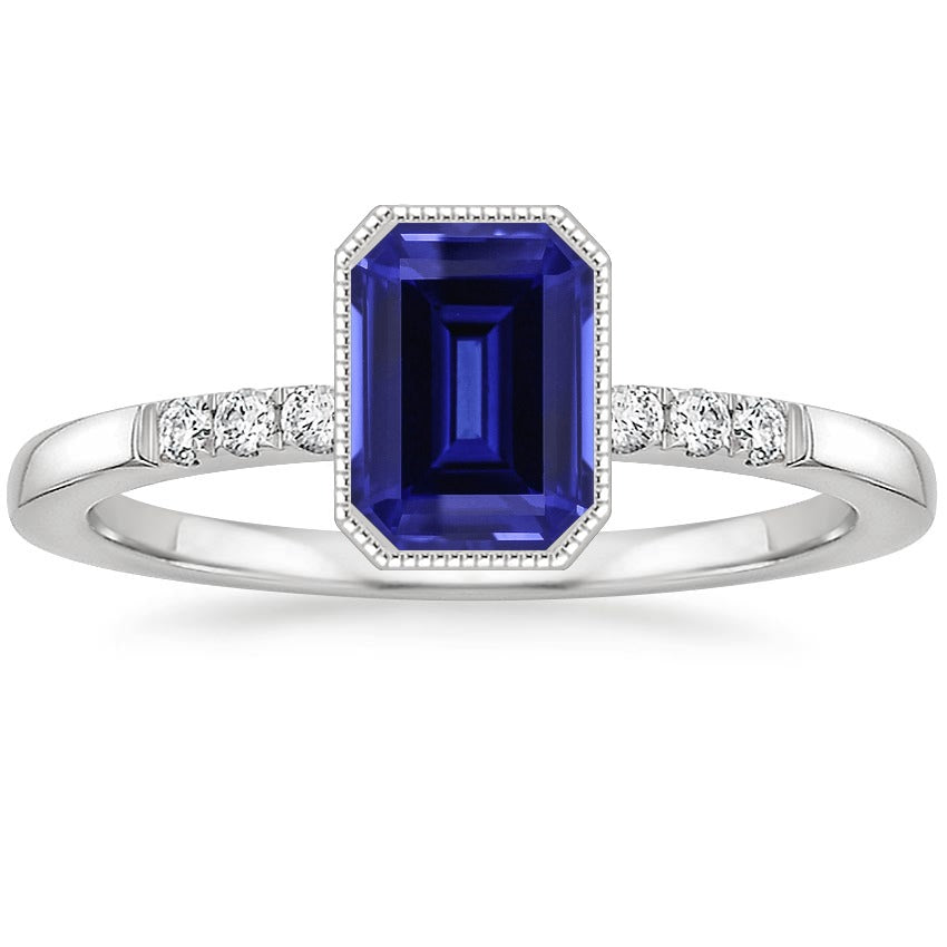 White Gold Females Stylish  Bezel Set Blue Sapphire Diamond Ring