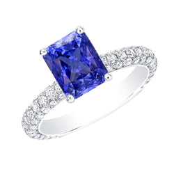 Women's Sapphire Ring Radiant Cut 3.50 Carats Multi Row Pave Natural Earth Mined Diamonds