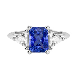 Three Stone Trillion Natural Earth Mined Diamond Ring Blue Sapphire 2 Carat Prongs