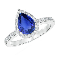 Halo Natural Earth Mined Diamond Blue Sapphire Teardrop Style Ring With Accents 5.50 Carat