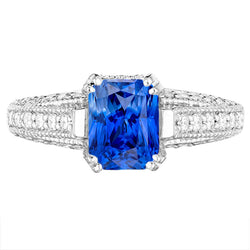 Antique Style Natural Earth Mined Diamond Sapphire Engagement Ring 4 Carats Double Prong