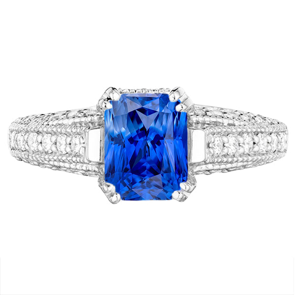 Antique Style Natural Earth Mined Diamond Sapphire Engagement Ring 4 Carats Double Prong