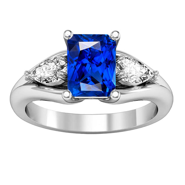 Pear Natural Earth Mined Diamond Radiant Blue Sapphire Ring 3 Carats V Split Shank 3 Stone