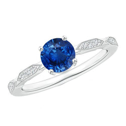 Diamond Gemstone Ring Vintage Style Round Blue Sapphire 2.25 Carats