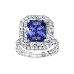 Double Halo Diamond Gold Sapphire Engagement Ring Split Shank 4 Carats