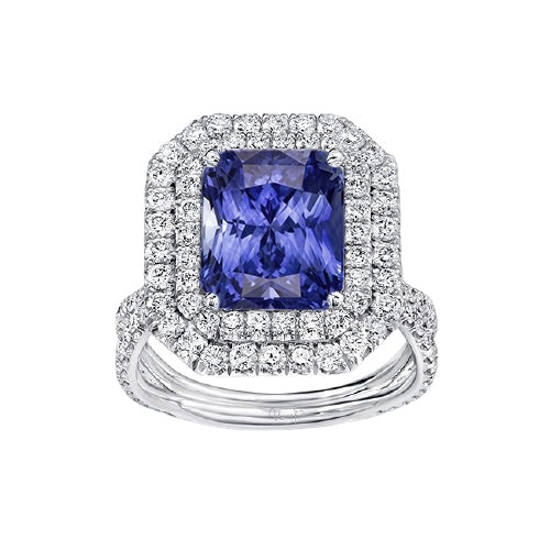Double Halo Natural Earth Mined Diamond Gold Sapphire Engagement Ring Split Shank 4 Carats