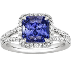 Halo Natural Earth Mined Diamond Srilankan Sapphire Engagement Ring Split Shank 4 Carats