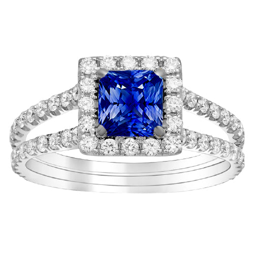 Halo Sapphire Engagement Ring Set Pave Natural Earth Mined Diamond Gold Band 3 Carats