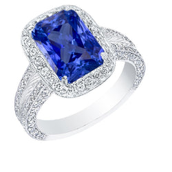 Round Natural Earth Mined Diamond Halo Radiant Sapphire Ring Split Milgrain Shank 5 Carats