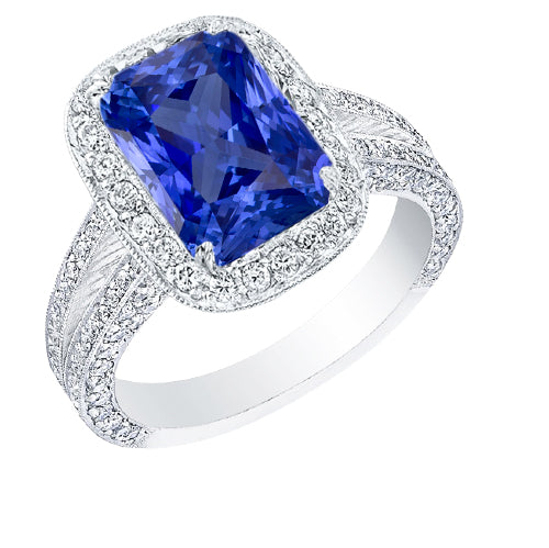 Round Natural Earth Mined Diamond Halo Radiant Sapphire Ring Split Milgrain Shank 5 Carats