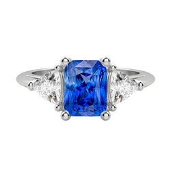 Trillion Natural Earth Mined Diamond Three Stone Radiant Ceylon Sapphire Ring 2.50 Carats