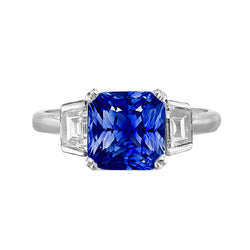 3 Stone Wedding Ring Cushion Sapphire & Trapezoid Natural Earth Mined Diamond 2.50 Carats