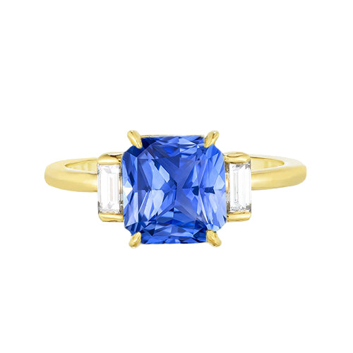 New High Quality Wedding 3 Stone Ring Radiant Blue Sapphire   Baguette Diamonds