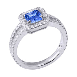 Natural Earth Mined Diamond Halo Radiant Sapphire Ring Double Shank 3 Carats Gold Jewelry