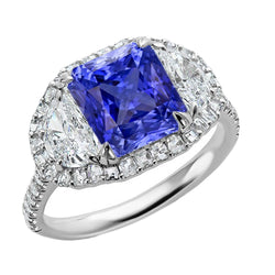 Halo Ring Cushion Sapphire With Half Moon & Round Natural Earth Mined Diamond 4.50 Carats